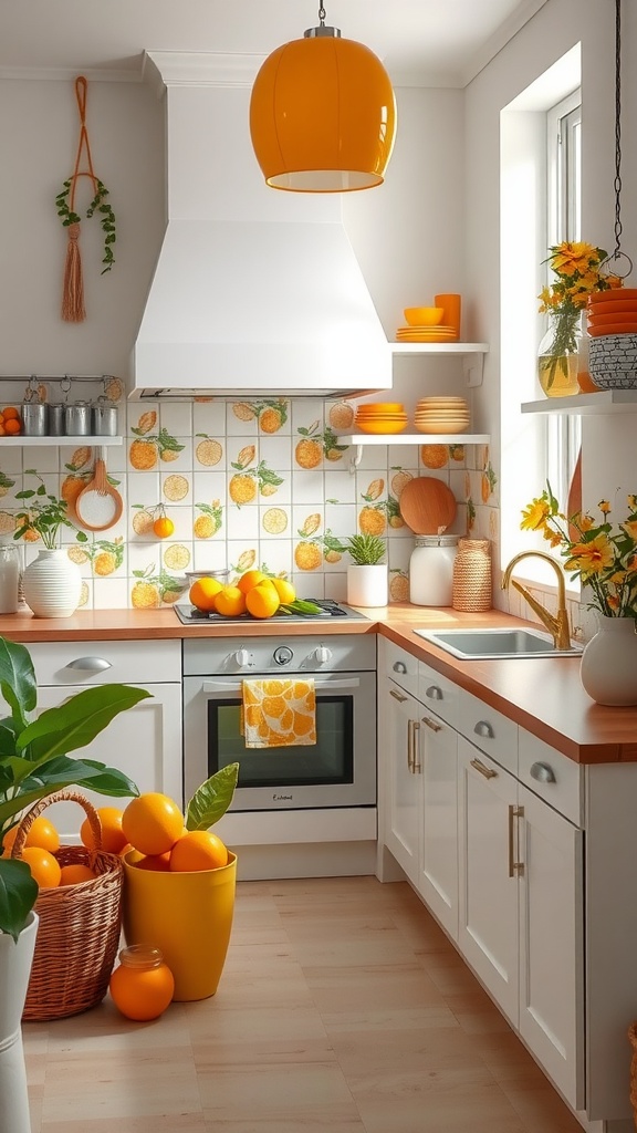 A bright kitchen featuring citrus-themed decor and vibrant orange accents.