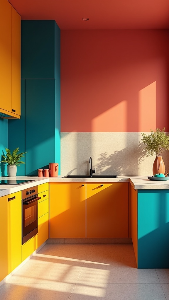 A colorful maximalist kitchen featuring bright blue, yellow, and orange cabinetry with natural light.
