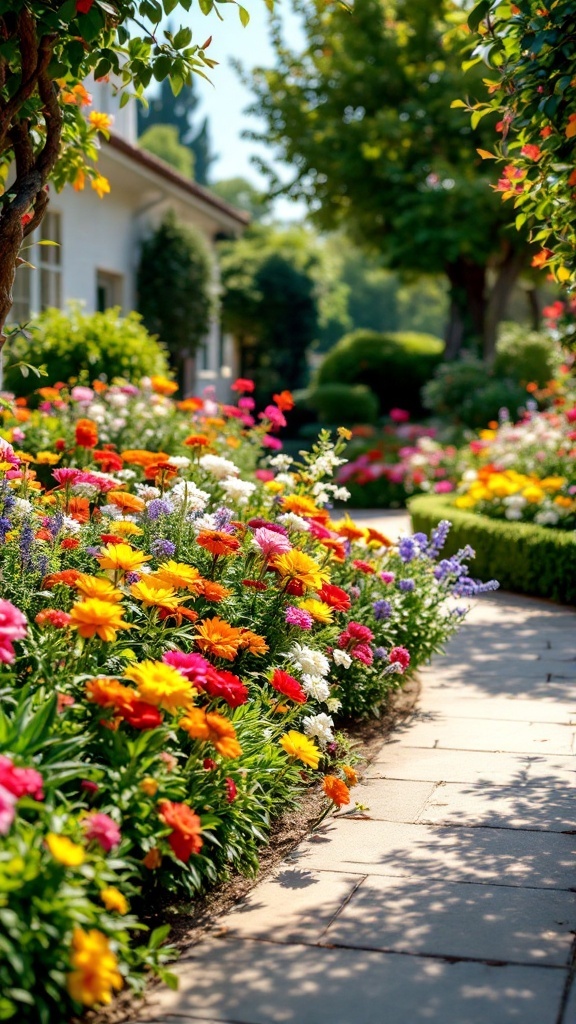 A vibrant flower bed with colorful blooms along a stone pathway.