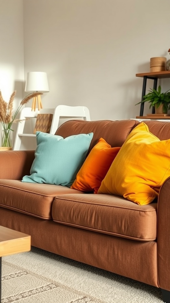 Brown couch with vibrant teal and orange throw pillows.