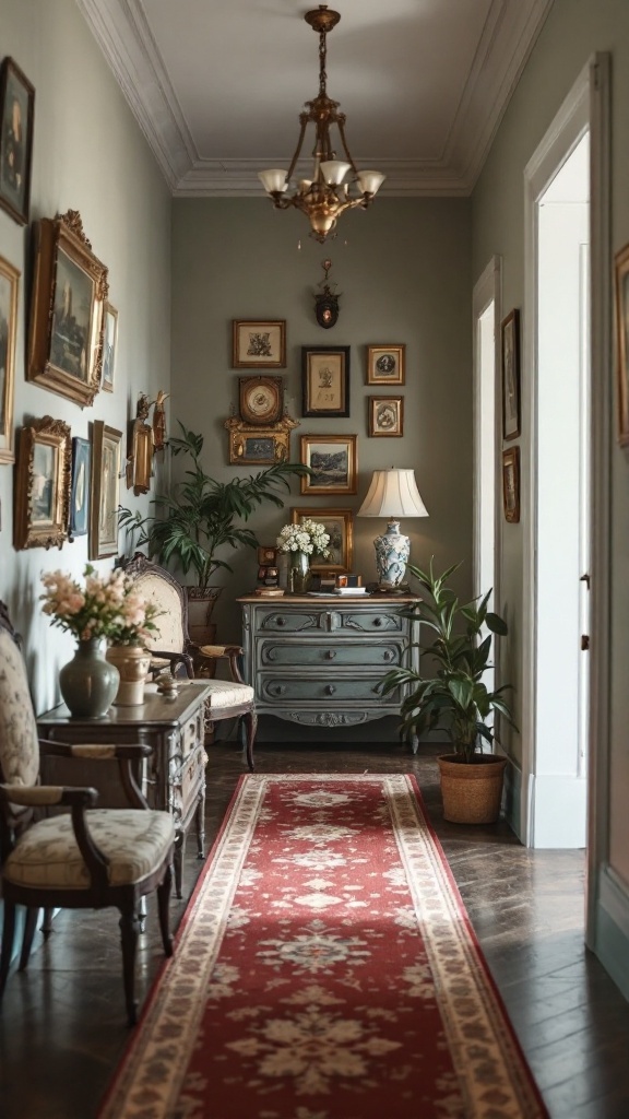 A hallway featuring vintage decor with framed artworks, antique furniture, and plants.