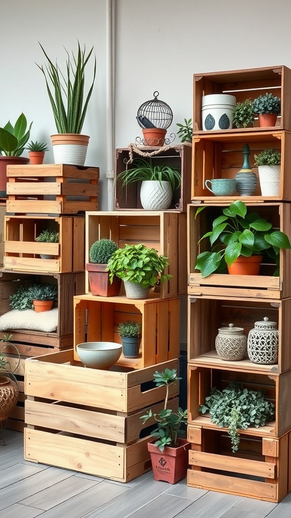 A display of vintage wooden crates stacked with plants and decorative items.