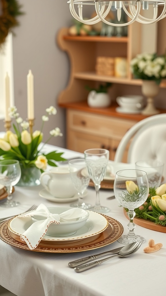 A beautifully arranged vintage table setting featuring decorative plates, glasses, and fresh flowers for an Easter celebration.