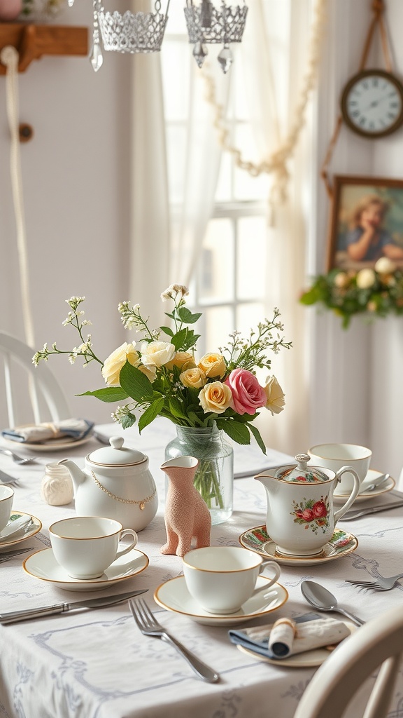 A beautifully set table for a vintage tea party, featuring delicate china, a floral centerpiece, and a playful teapot.