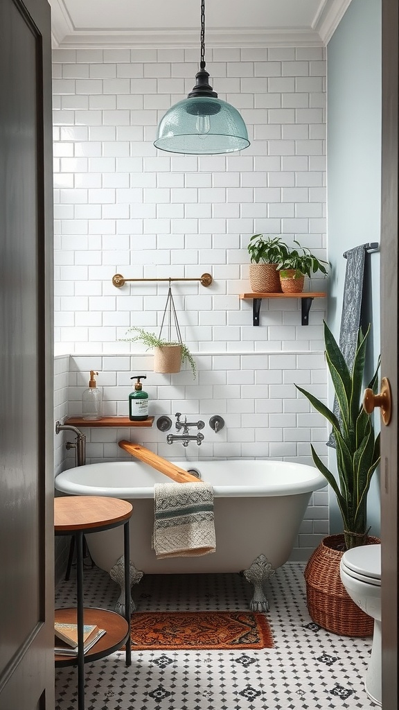Stylish small bathroom with vintage touches, featuring a clawfoot tub, vintage light fixture, and plants.