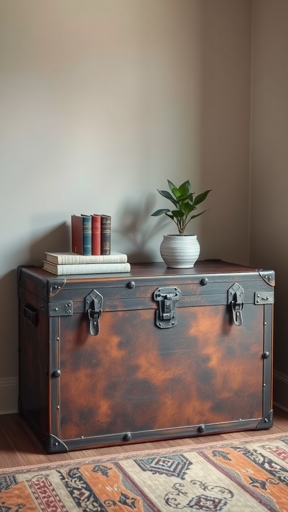 A vintage trunk decorated with books and a plant in a corner.
