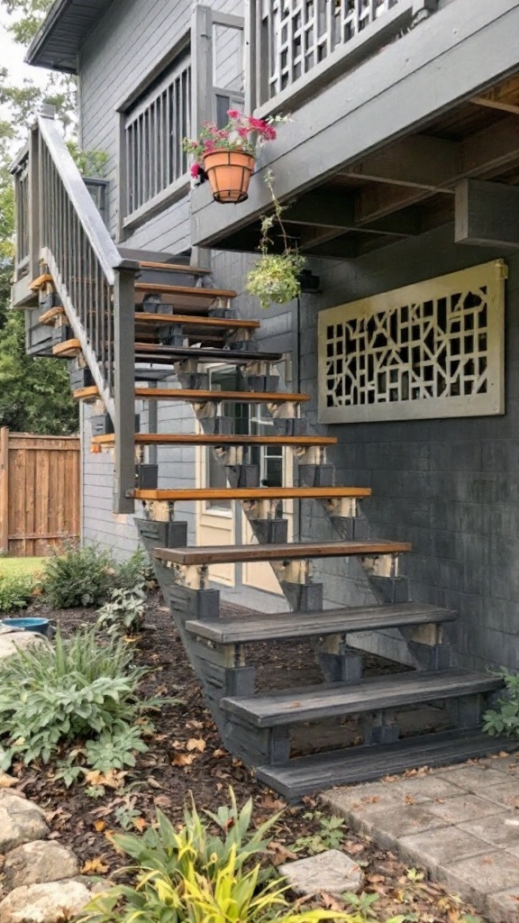 Stairs leading to a deck with a decorative screen and planters.