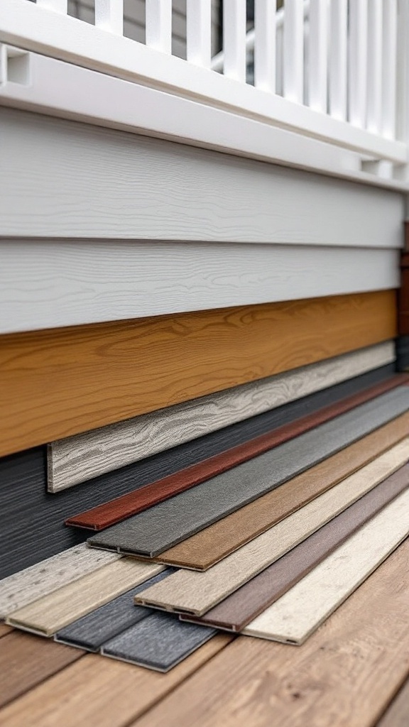 Variety of vinyl skirting options displayed in different colors and textures for under decks.
