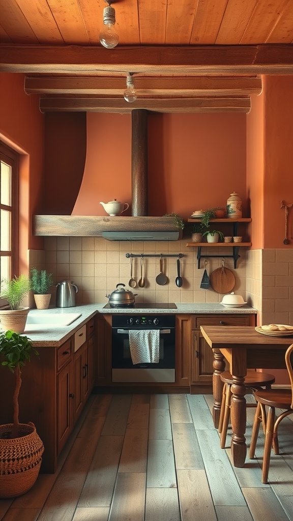 Cozy kitchen with warm terracotta walls, wooden beams, and rustic decor