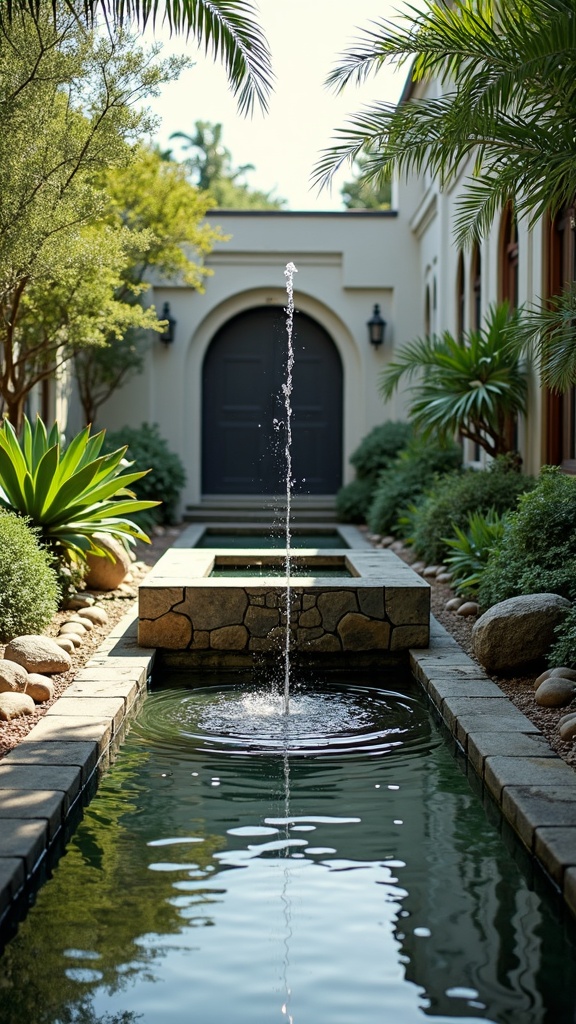 A serene courtyard garden featuring a water fountain amidst lush greenery.