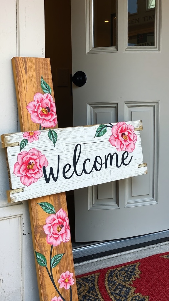 A wooden welcome sign with hand-painted flowers, placed near a door