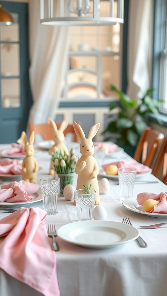 A beautifully set Easter table featuring bunny decor and pastel colors.