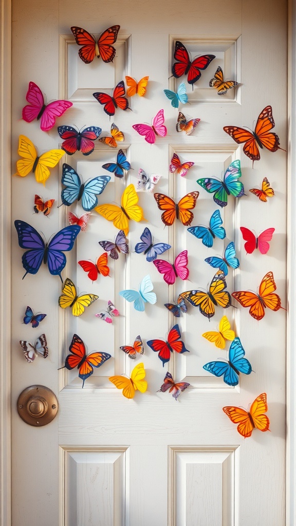 A door decorated with colorful butterflies in various sizes