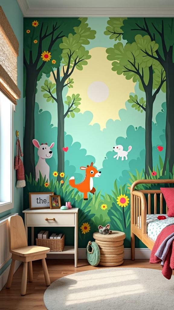 A colorful mural featuring a fox, a dog, and trees in a sunny forest setting, designed for a children's bedroom.