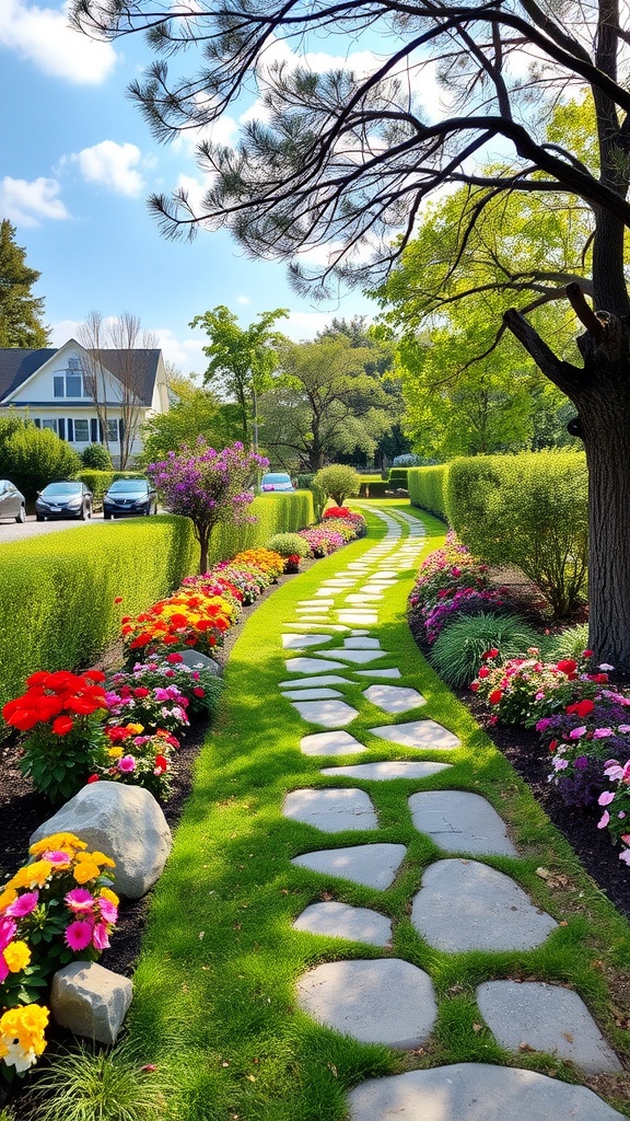 A charming garden pathway lined with vibrant flowers and stone steps.