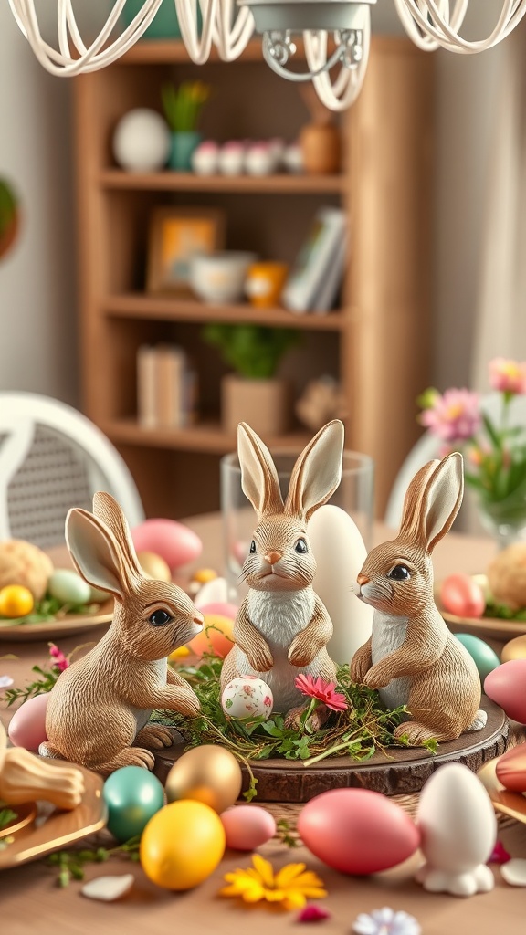 A whimsical arrangement of rabbit figurines surrounded by colorful Easter eggs and flowers.