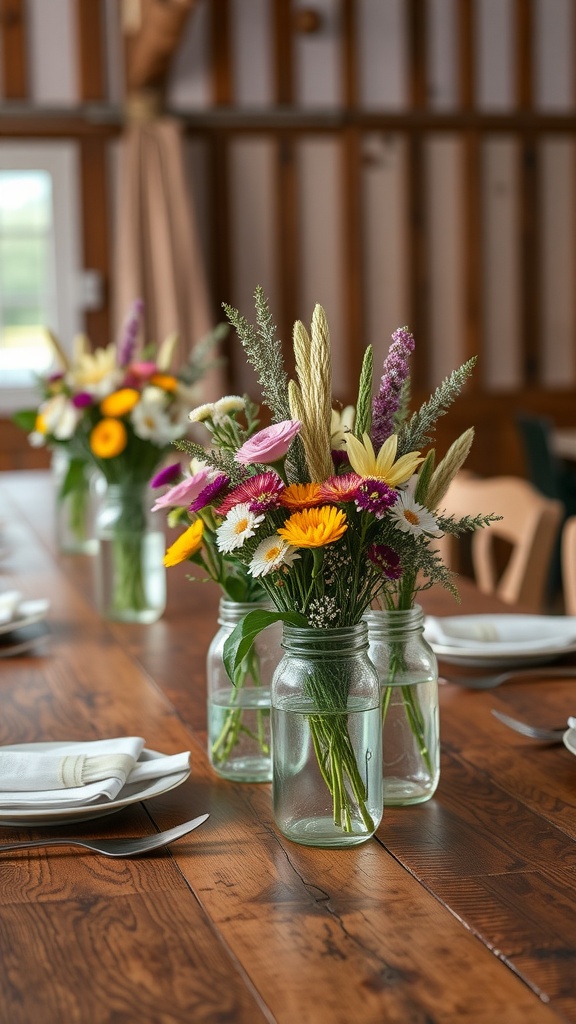 Beautiful mason jar centerpieces filled with wildflowers on a rustic wooden table.