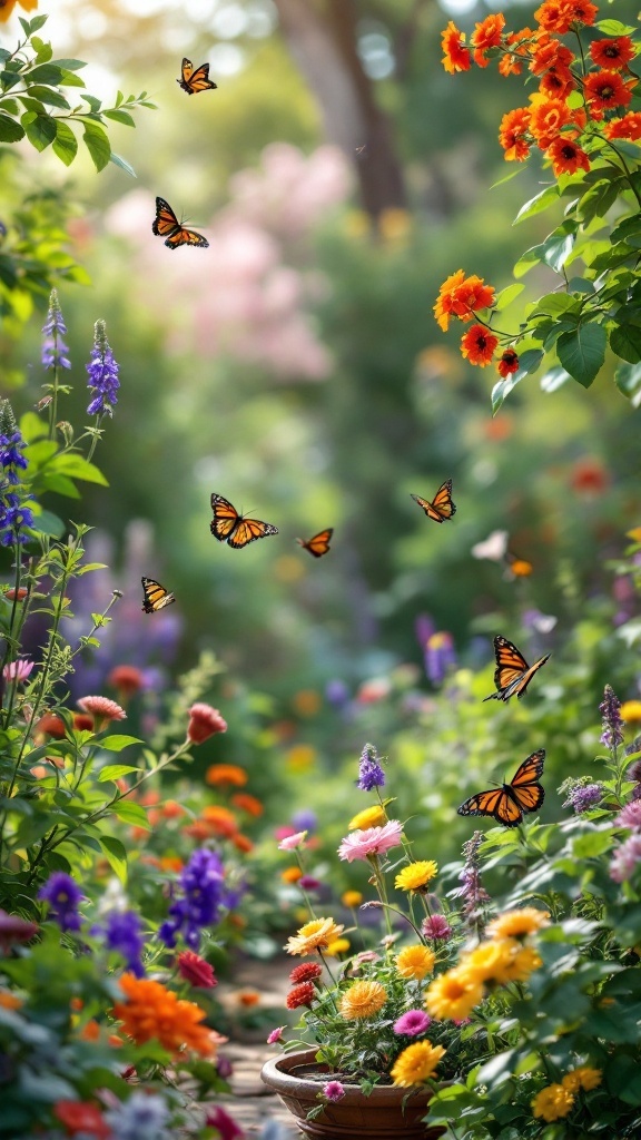 A colorful garden filled with flowers and butterflies