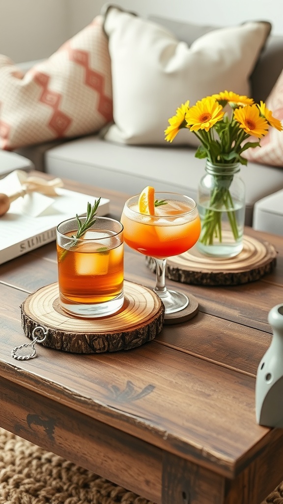 Wood slice coasters with cocktails and a flower vase on a wooden table.