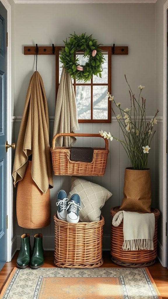 A cozy entryway featuring woven baskets for organization, with a wreath and decorative items.