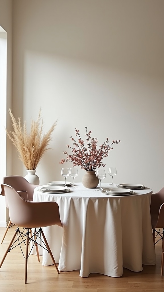 Minimalist table centerpiece featuring dried branches and pampas grass in a modern setting.