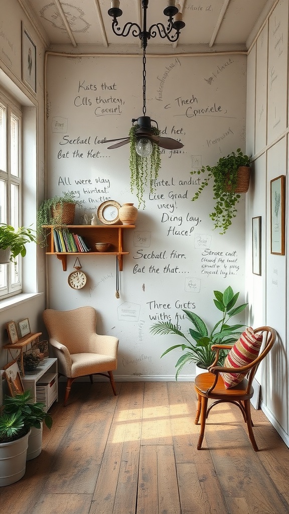 A cozy dining nook with plants, wooden furniture, and wall sketches.