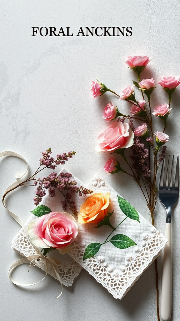 A beautifully set dining table featuring floral napkins, roses, and a fork, capturing the essence of a cozy dining experience.