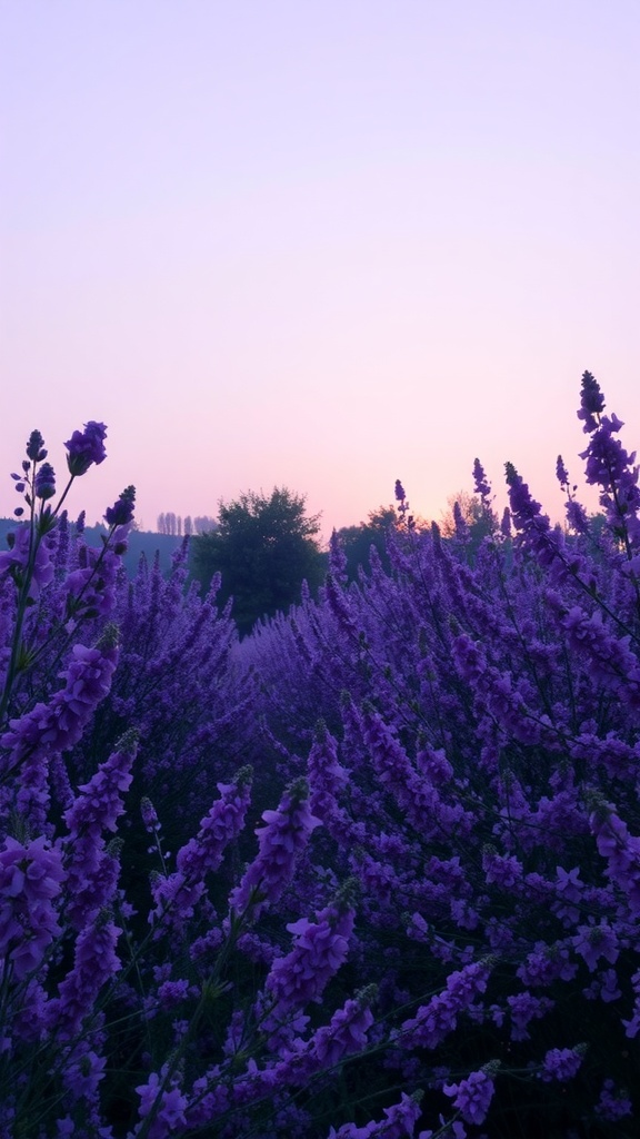 A serene landscape filled with purple flowers under a soft sunset sky.