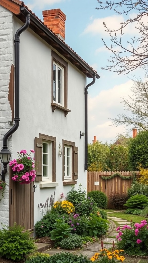 A cozy cottage with vibrant flowers and greenery, showcasing a warm and inviting outdoor space.