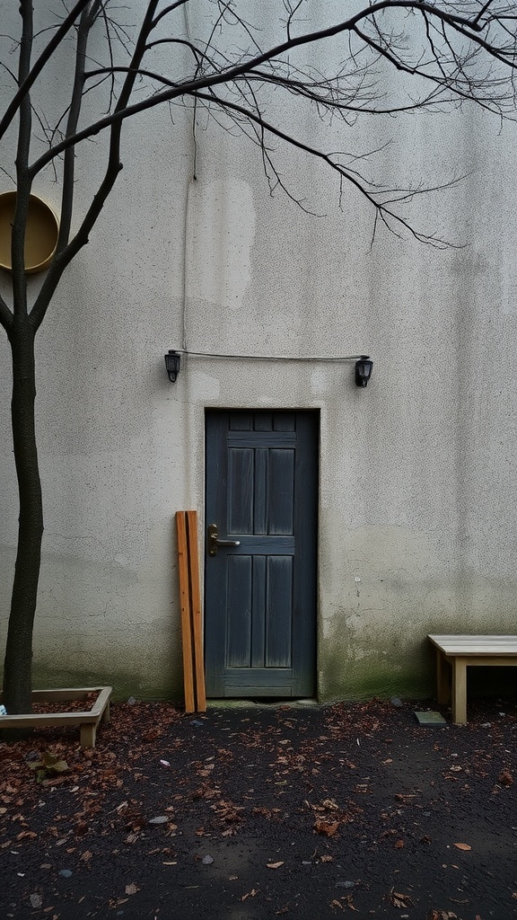 A cozy dark wooden door against a textured wall with tree branches and leaves surrounding it.