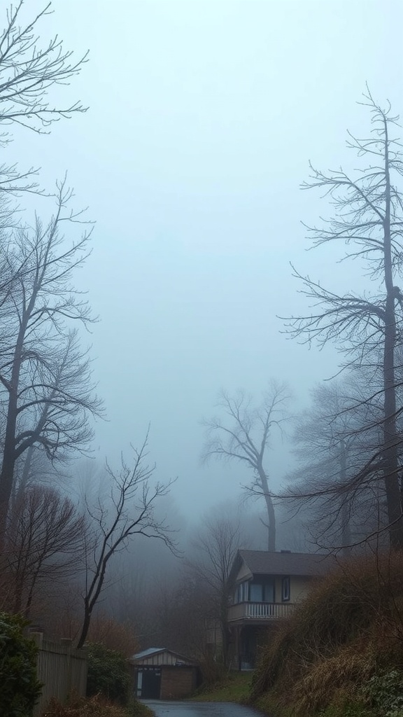 A misty view of a house surrounded by trees.