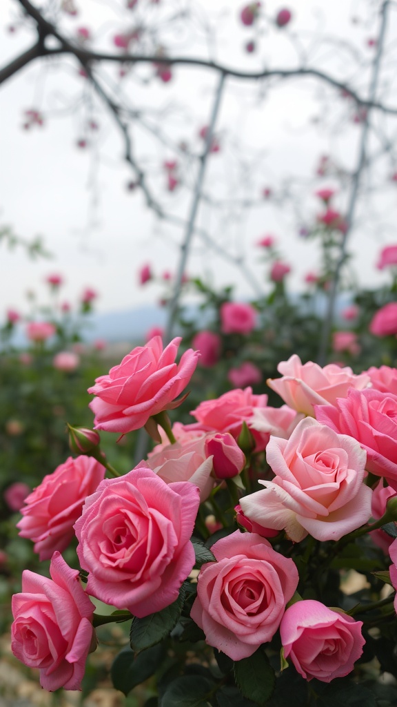 A close-up of pink roses blooming in a garden setting.