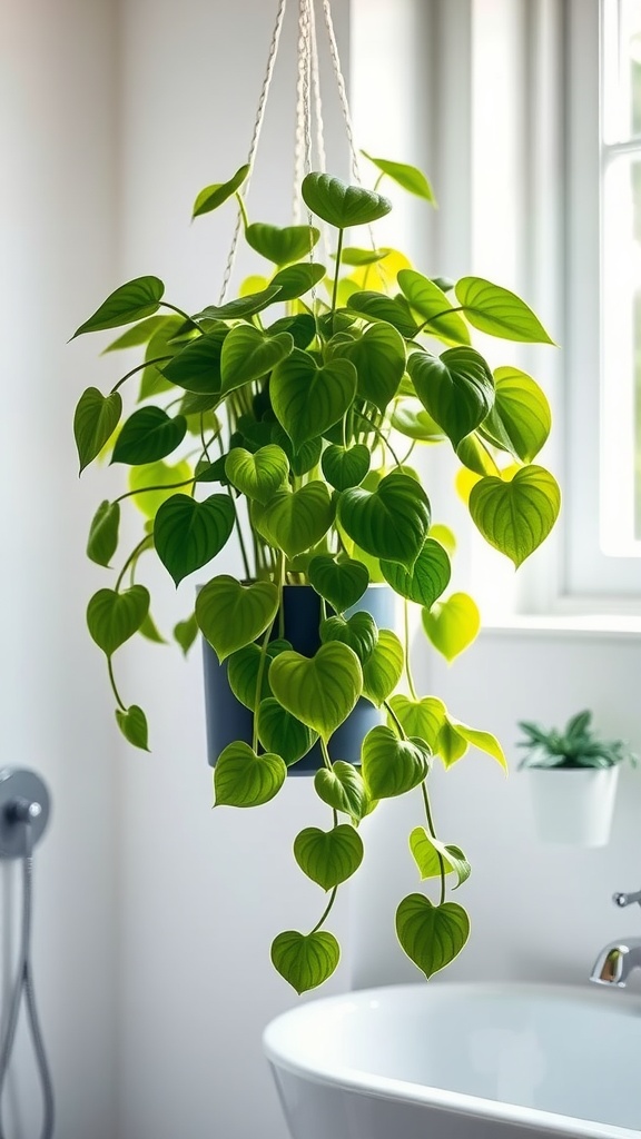 Hanging Pothos plant with heart-shaped leaves in a bright bathroom