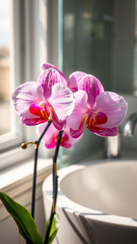 A close-up of pink Phalaenopsis orchids in a bathroom setting