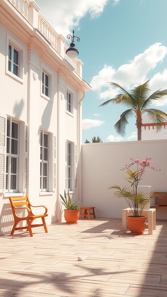 Outdoor dining area with potted plants, light-colored walls, and wooden furniture.