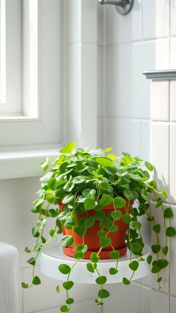 A green Baby's Tear plant in a red pot on a white shelf in a bright bathroom.