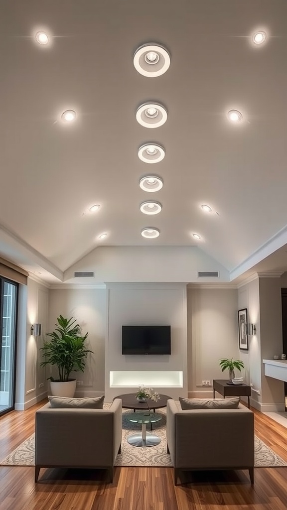 Living room with recessed lighting in a sloped ceiling, featuring grey chairs and a TV on the wall