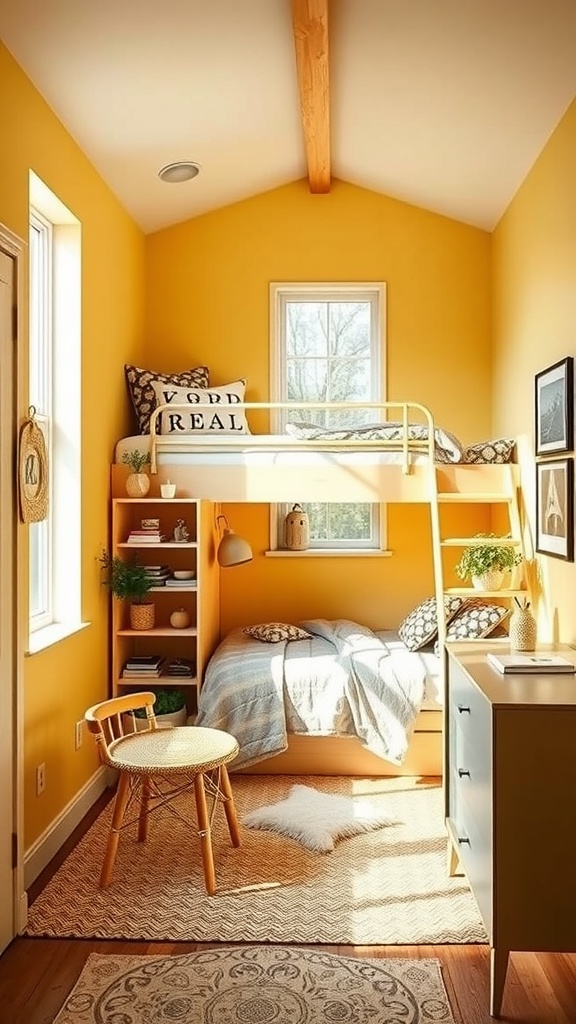 Small yellow bedroom with a lofted bed, storage shelves, and a cozy seating area.