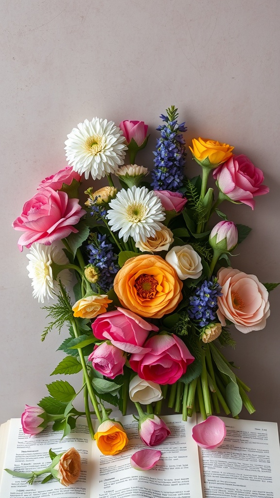 A vibrant bouquet of flowers with various colors, placed on an open book, showcasing a cottage core aesthetic.