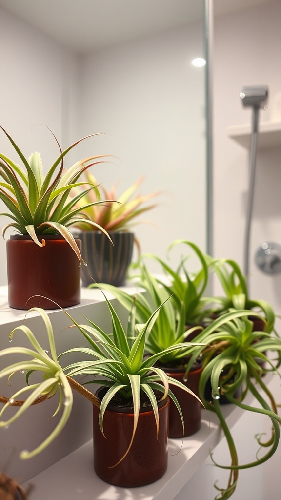 Several Tillandsia plants in small pots, placed on a shelf in a bright bathroom.