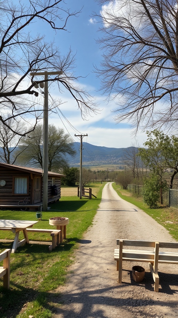 Countryside scene with a path and wooden structures, embodying a tranquil escape.