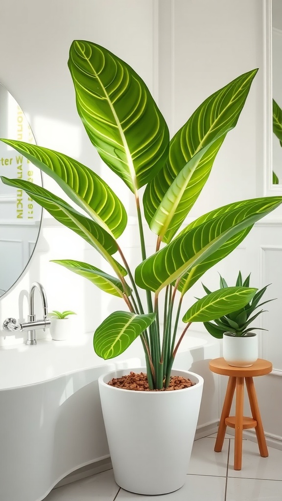 A Calathea plant with large patterned leaves in a modern white pot, placed in a bright bathroom setting.