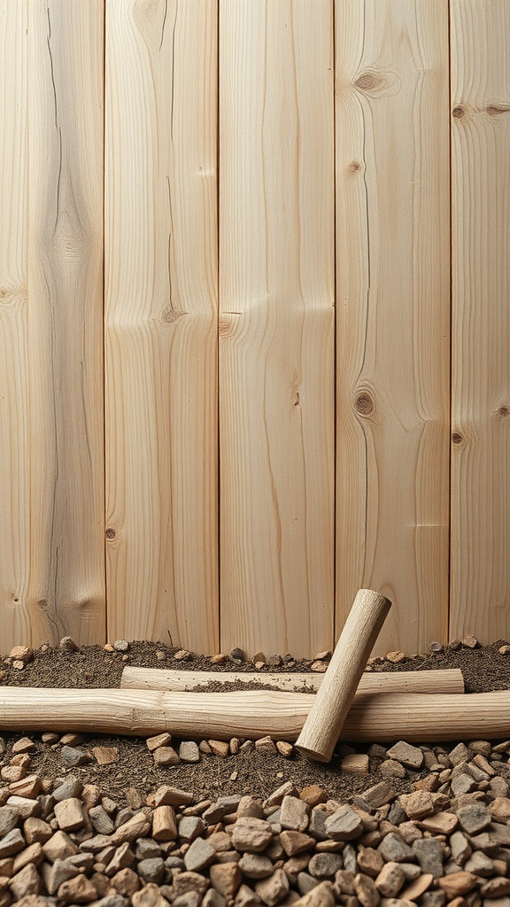 A wooden wall with logs and rocky ground.