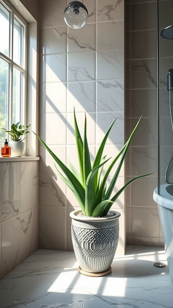 Aloe Vera plant in a decorative pot, placed in a brightly lit bathroom corner