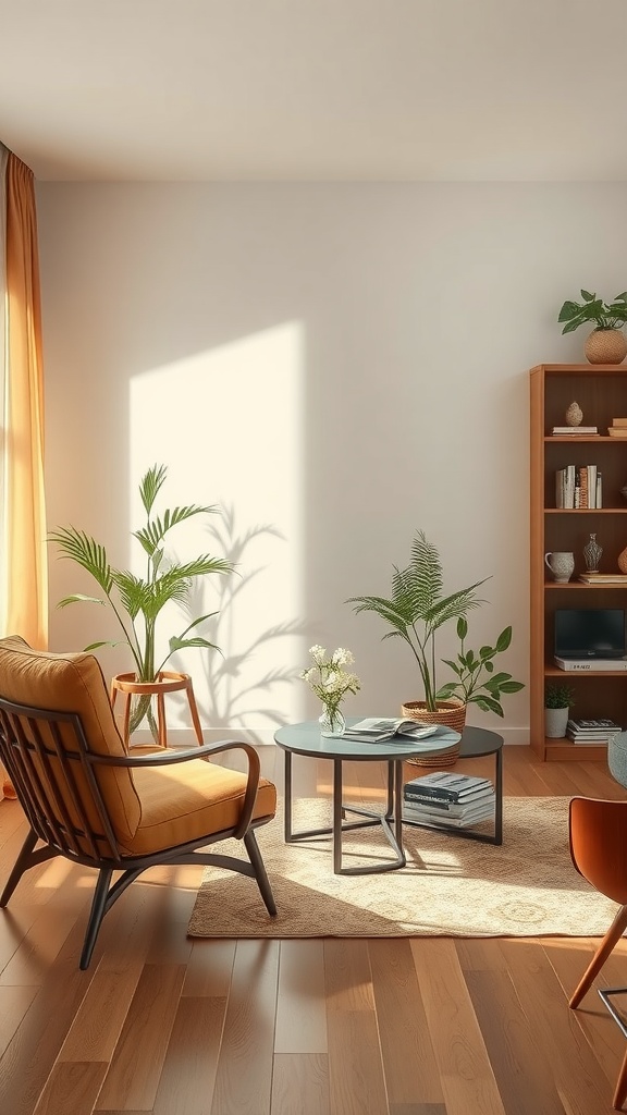 Cozy cottage core dining room with a yellow chair, plants, and natural light