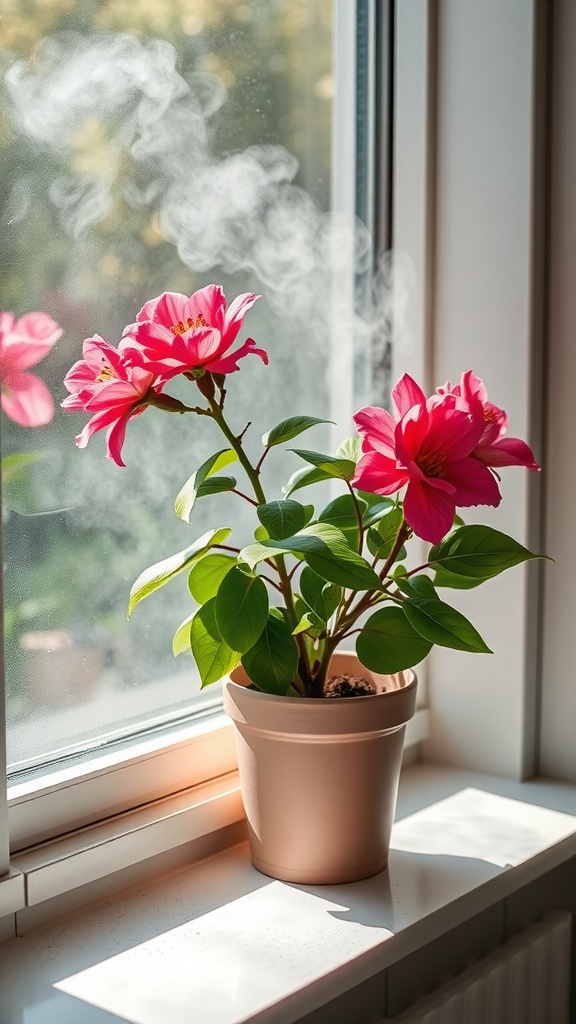 A vibrant Azalea plant with pink flowers sitting on a windowsill, with steam visible on the glass.