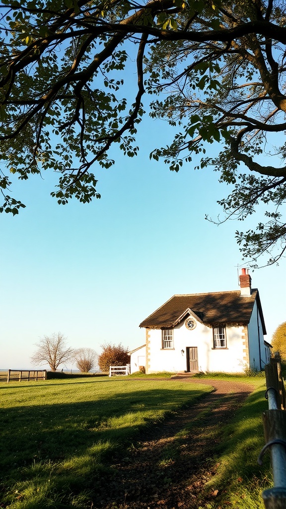 A quaint white cottage surrounded by greenery under a clear blue sky