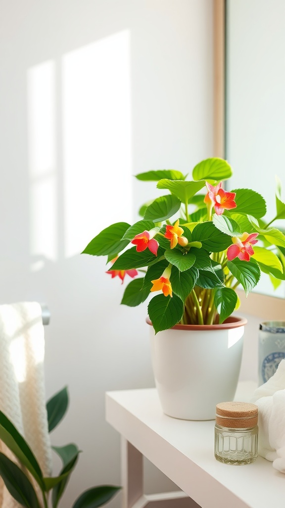 A healthy Begonia plant with vibrant flowers in a white pot, placed in a bright bathroom setting.