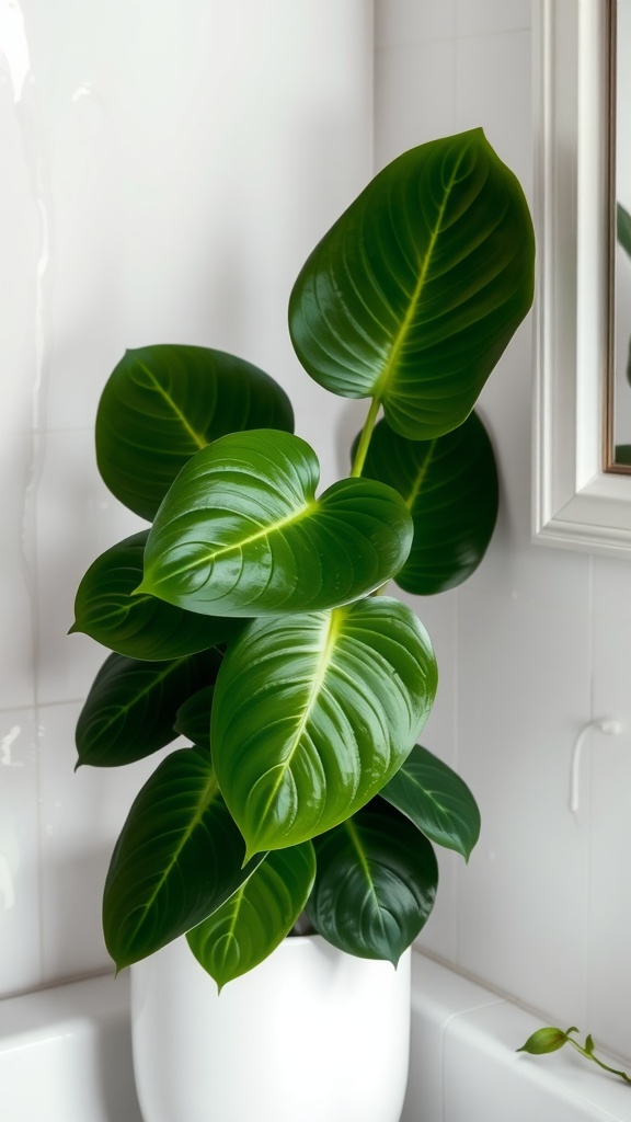 Philodendron Bipinnatifidum in a bathroom setting with glossy green leaves.