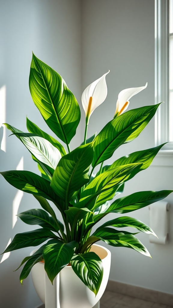 A healthy Peace Lily plant with glossy green leaves and white flowers in a bright bathroom.